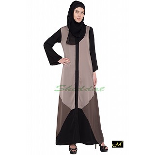 Front open Abaya- Grey | Black-Brown Combination